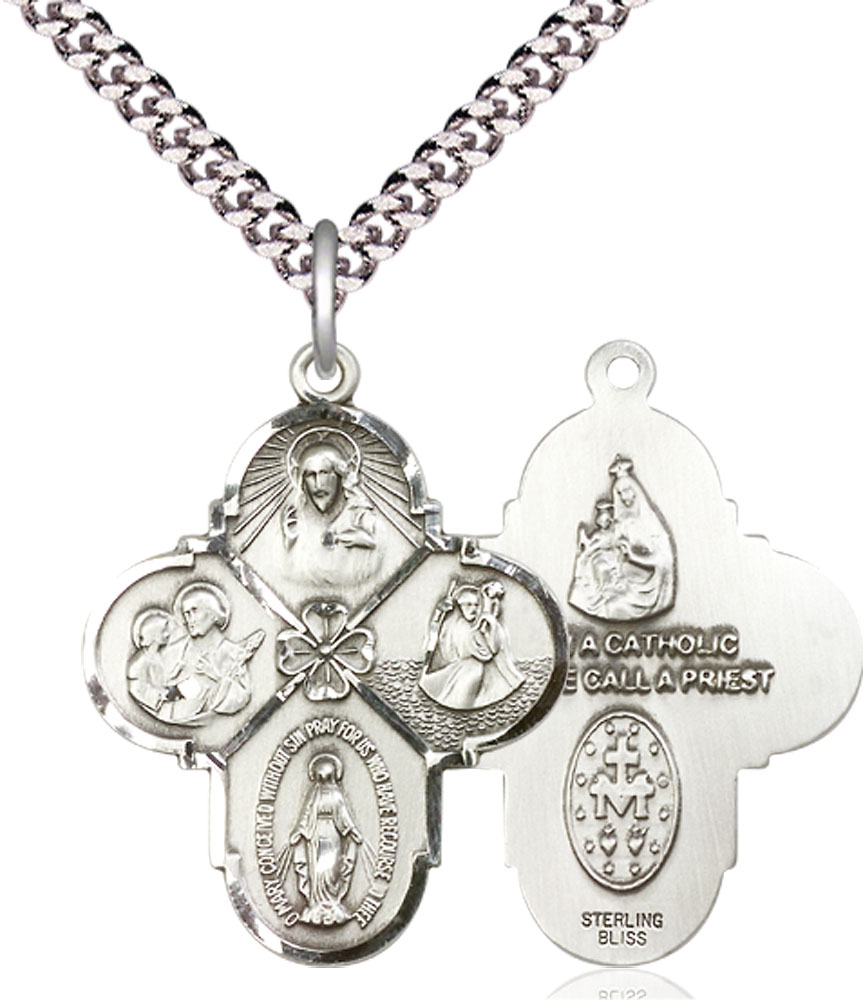 Sterling Silver 4-Way Pendant on a 24 inch Light Rhodium Heavy Curb chain