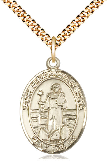 14kt Gold Filled Saint Bernadine of Sienna Pendant on a 24 inch Gold Plate Heavy Curb chain