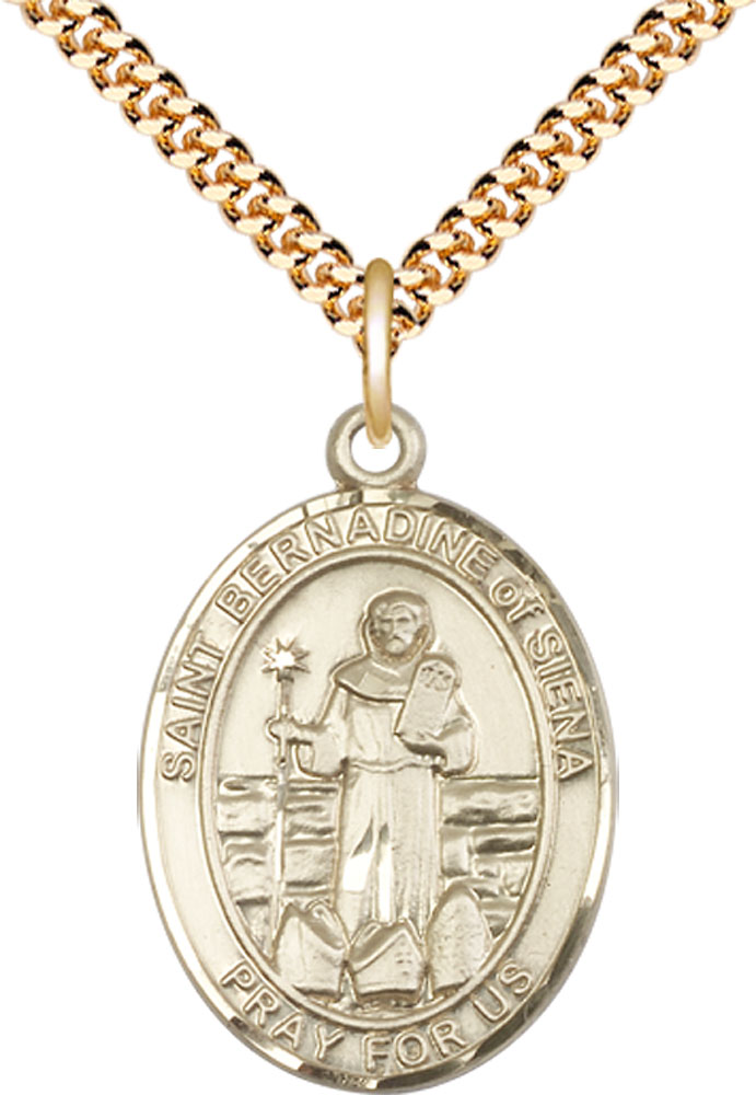 14kt Gold Filled Saint Bernadine of Sienna Pendant on a 24 inch Gold Plate Heavy Curb chain