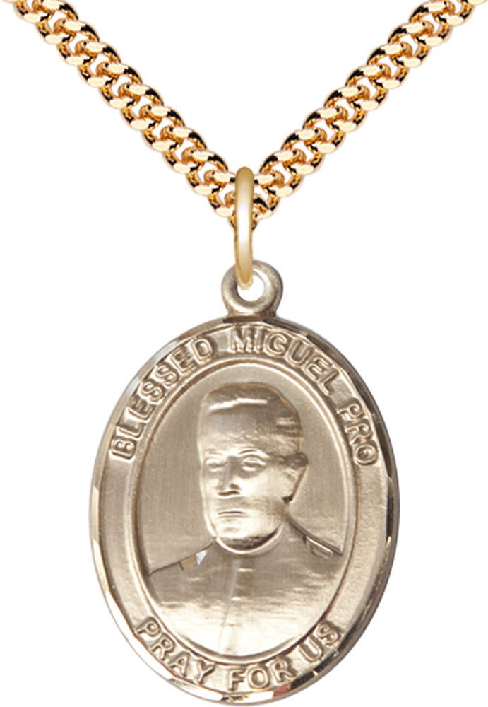 14kt Gold Filled Blessed Miguel Pro Pendant on a 24 inch Gold Plate Heavy Curb chain