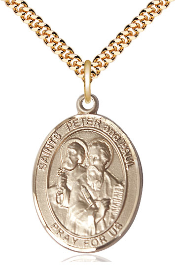 14kt Gold Filled Saint Peter St Paul Pendant on a 24 inch Gold Plate Heavy Curb chain