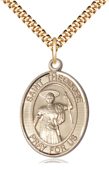 14kt Gold Filled Saint Theodore Stratelates Pendant on a 24 inch Gold Plate Heavy Curb chain