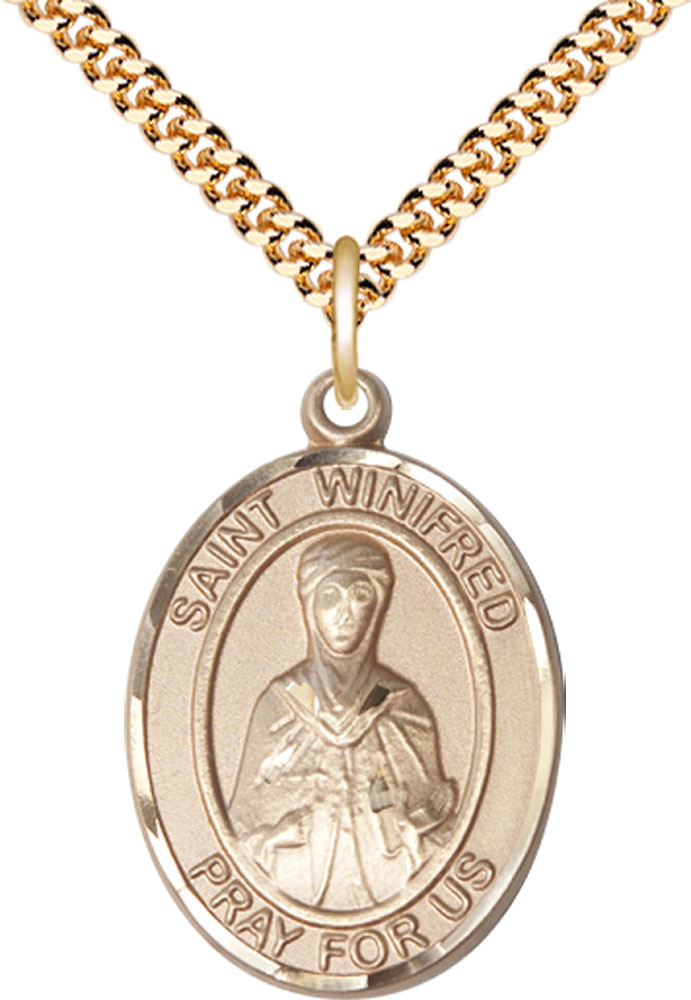 14kt Gold Filled Saint Winifred of Wales Pendant on a 24 inch Gold Plate Heavy Curb chain