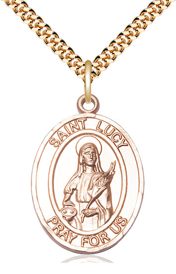 14kt Gold Filled Saint Lucy Pendant on a 24 inch Gold Plate Heavy Curb chain