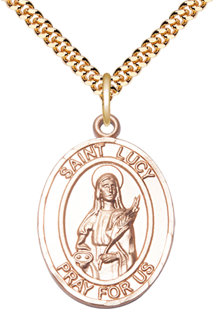 14kt Gold Filled Saint Lucy Pendant on a 24 inch Gold Plate Heavy Curb chain