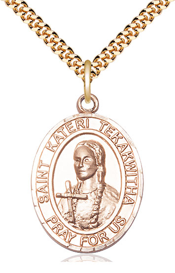 14kt Gold Filled Saint Kateri Tekakwitha Pendant on a 24 inch Gold Plate Heavy Curb chain