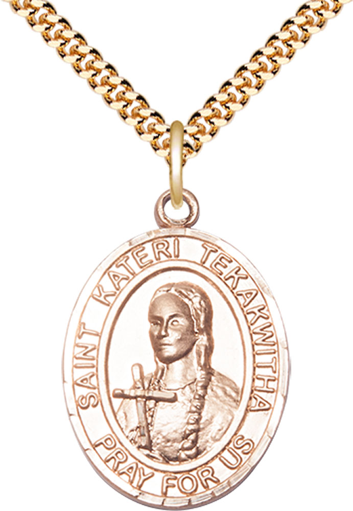 14kt Gold Filled Saint Kateri Tekakwitha Pendant on a 24 inch Gold Plate Heavy Curb chain