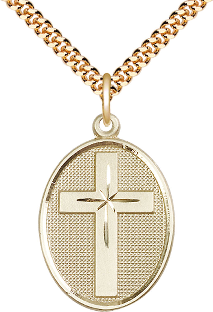 14kt Gold Filled Cross Pendant on a 24 inch Gold Plate Heavy Curb chain