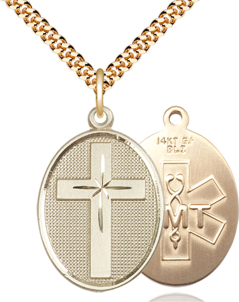 14kt Gold Filled Cross EMT Pendant on a 24 inch Gold Plate Heavy Curb chain