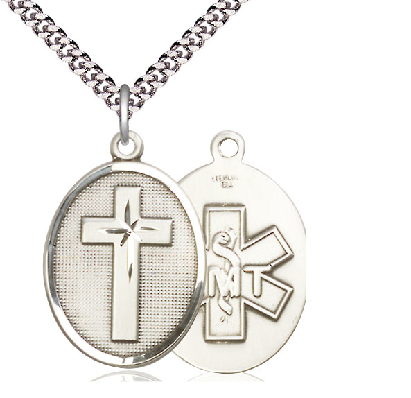 Sterling Silver Cross EMT Pendant on a 24 inch Light Rhodium Heavy Curb chain