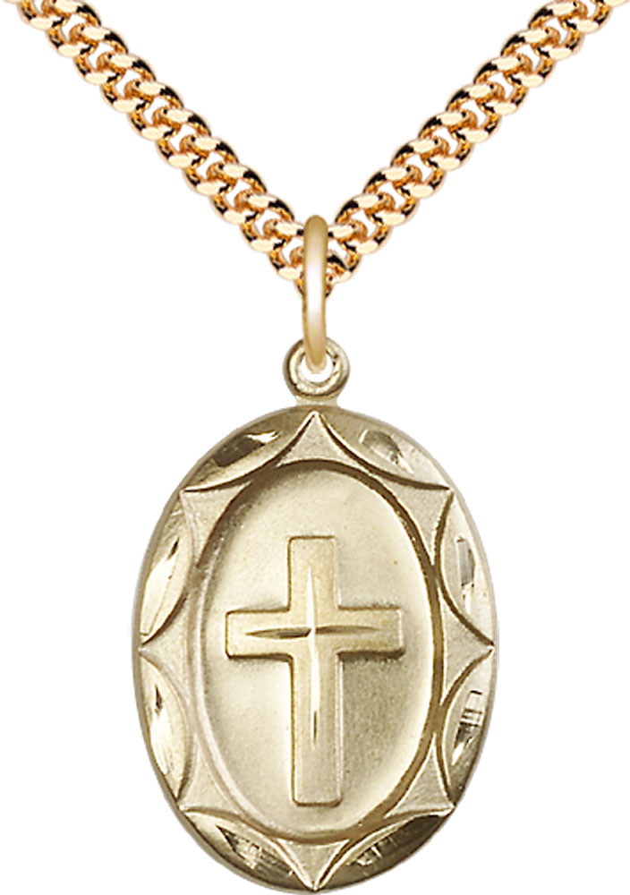 14kt Gold Filled Cross Pendant on a 24 inch Gold Plate Heavy Curb chain