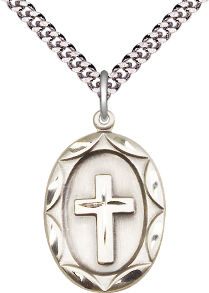 Sterling Silver Cross Pendant on a 24 inch Light Rhodium Heavy Curb chain