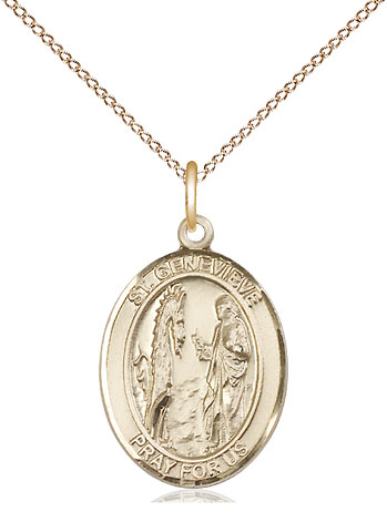 14kt Gold Filled Saint Genevieve Pendant on a 18 inch Gold Filled Light Curb chain