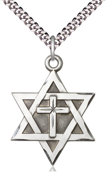 Sterling Silver Star of David w/ Cross Pendant on a 24 inch Light Rhodium Heavy Curb chain