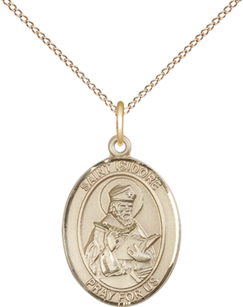 14kt Gold Filled Saint Isidore of Seville Pendant on a 18 inch Gold Filled Light Curb chain