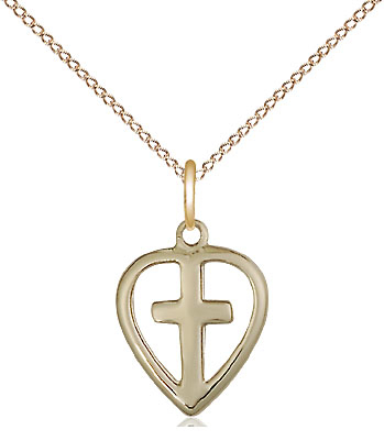 14kt Gold Filled Heart Cross Pendant on a 18 inch Gold Filled Light Curb chain
