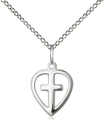 Sterling Silver Heart Cross Pendant on a 18 inch Sterling Silver Light Curb chain