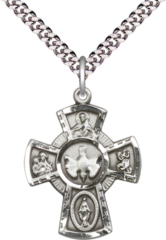 Sterling Silver 5-Way Pendant on a 24 inch Light Rhodium Heavy Curb chain