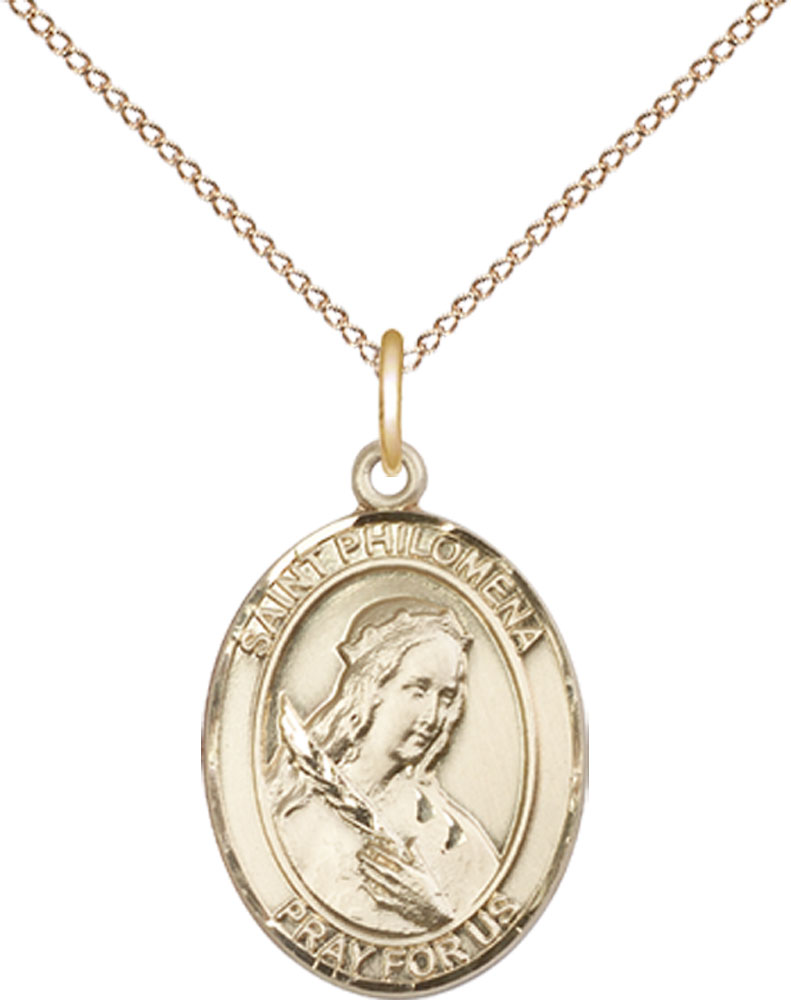 14kt Gold Filled Saint Philomena Pendant on a 18 inch Gold Filled Light Curb chain