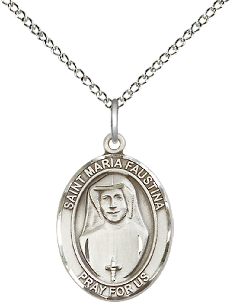 Sterling Silver Saint Maria Faustina Pendant on a 18 inch Sterling Silver Light Curb chain