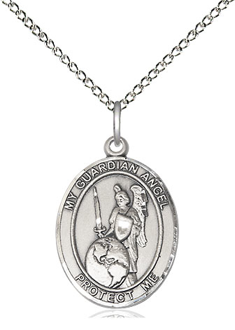 Sterling Silver Guardian Angel of the World Pendant on a 18 inch Sterling Silver Light Curb chain