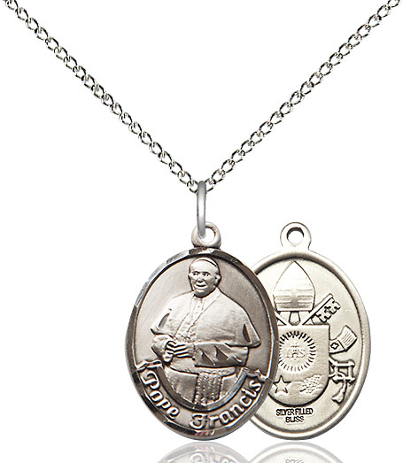 Sterling Silver Pope Francis Pendant on a 18 inch Sterling Silver Light Curb chain