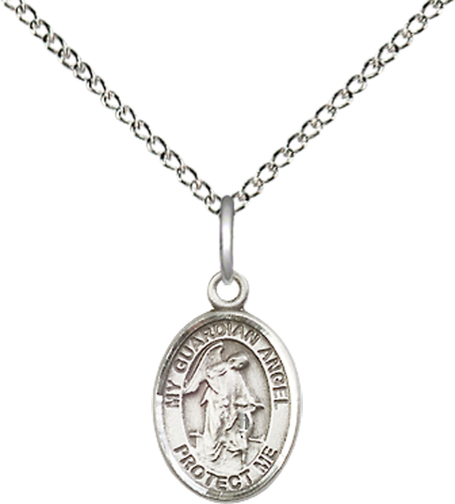Sterling Silver Guardian Angel Pendant on a 18 inch Sterling Silver Light Curb chain