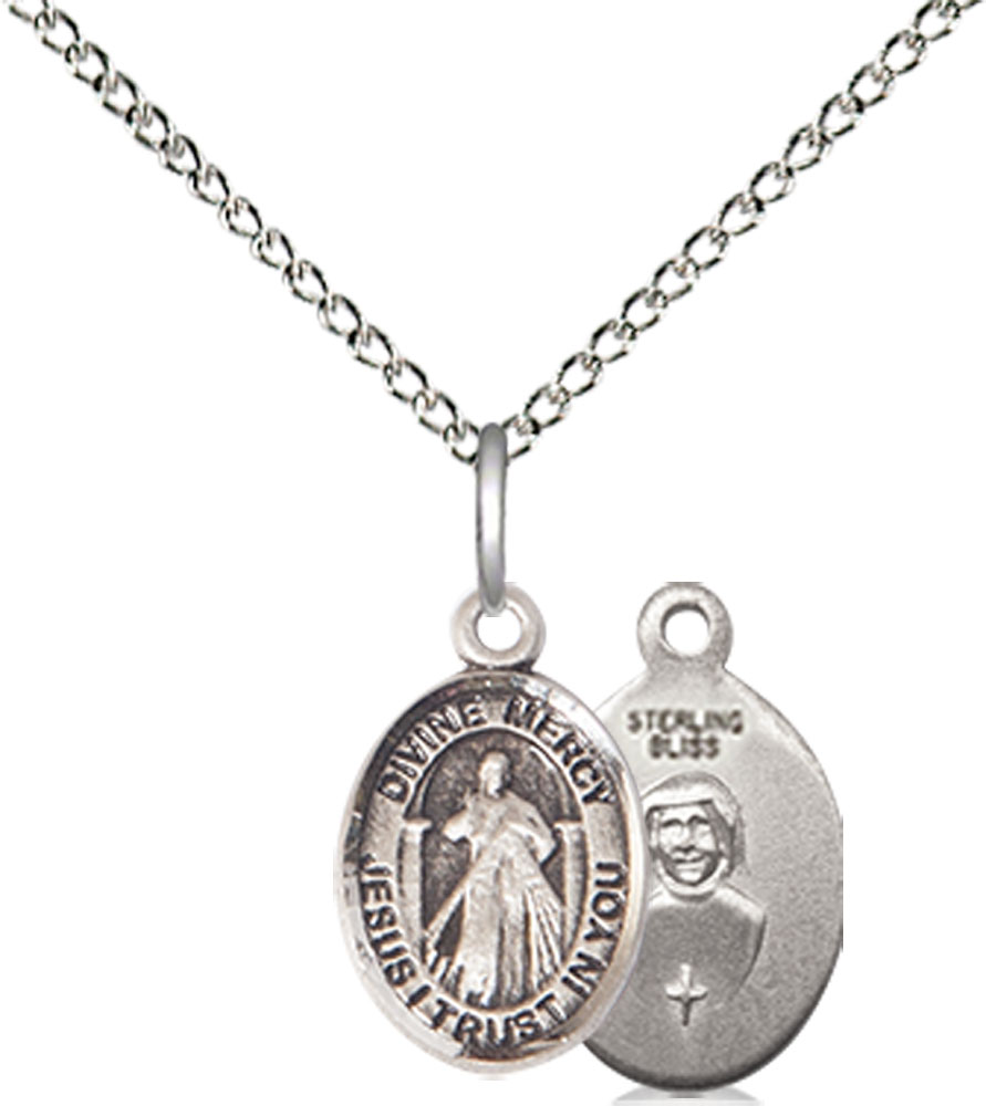 Sterling Silver Divine Mercy Pendant on a 18 inch Sterling Silver Light Curb chain