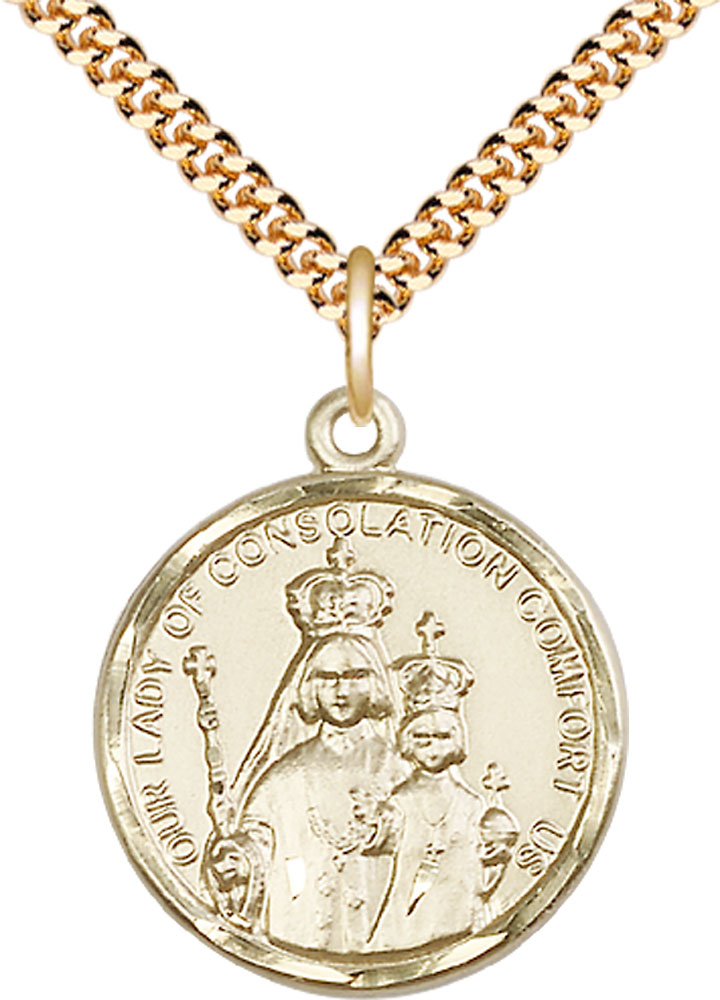14kt Gold Filled Our Lady of Consolation Pendant on a 24 inch Gold Plate Heavy Curb chain