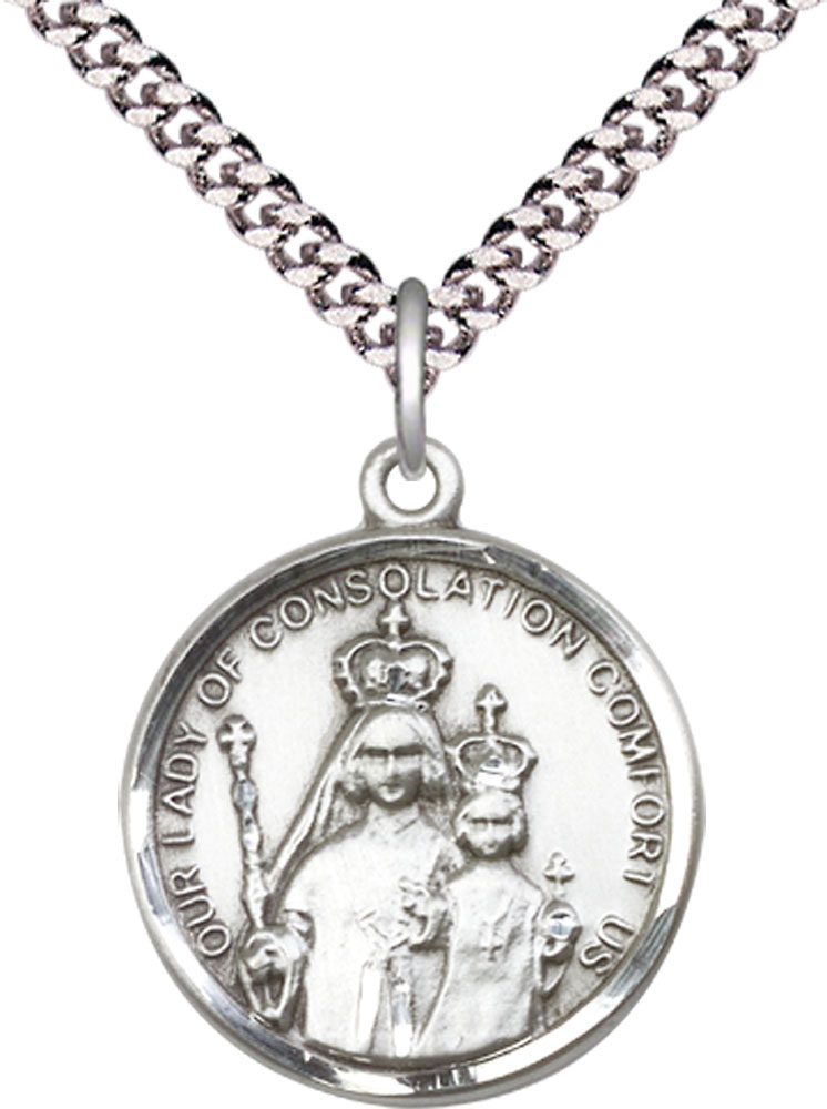 Sterling Silver Our Lady of Consolation Pendant on a 24 inch Light Rhodium Heavy Curb chain