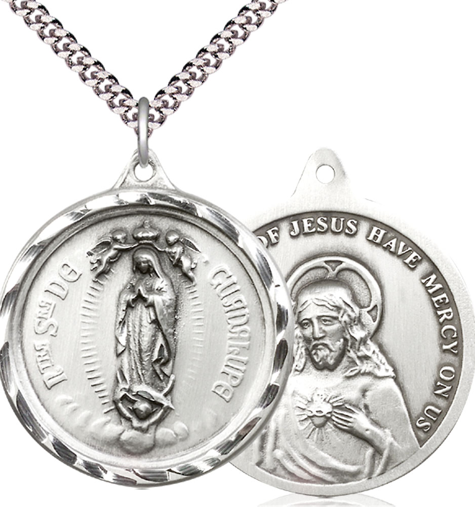 Sterling Silver Our Lady of Guadalupe Pendant on a 24 inch Light Rhodium Heavy Curb chain