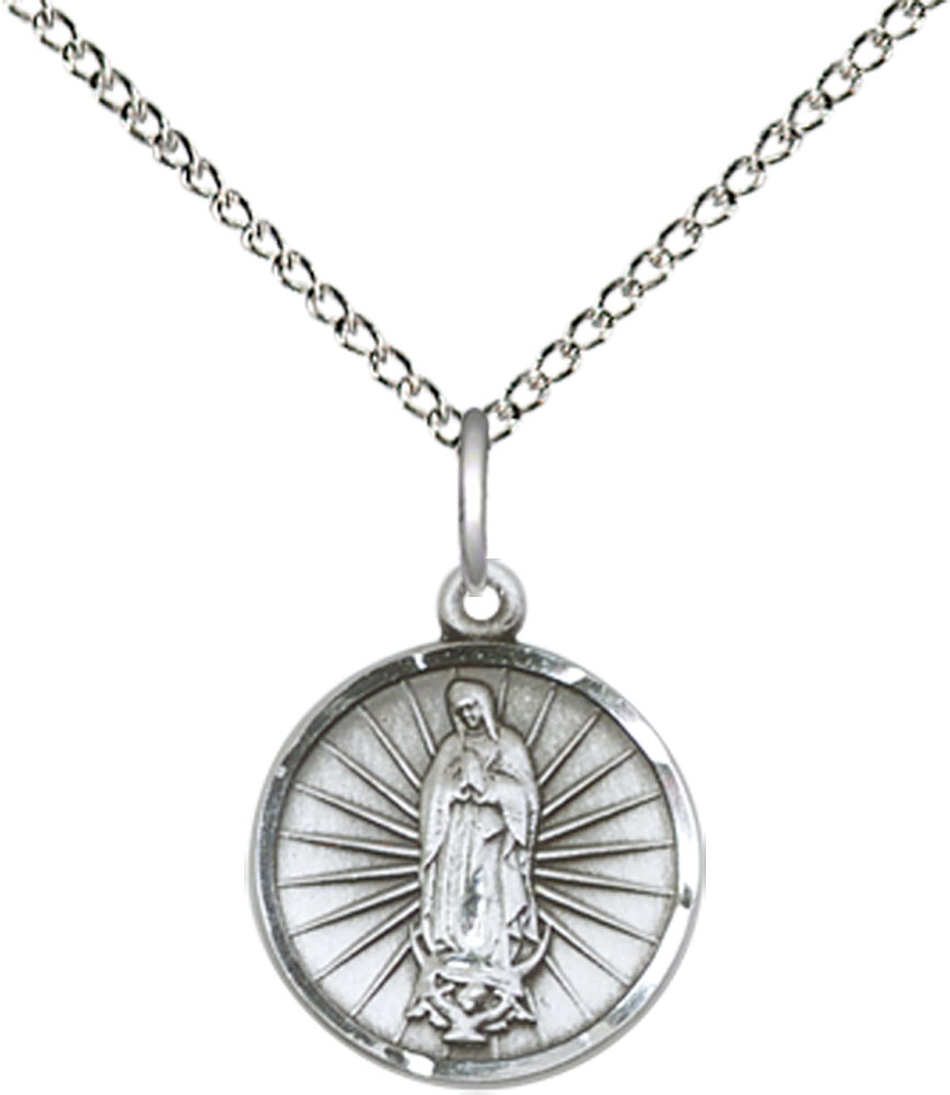 Sterling Silver Our Lady of Guadalupe Pendant on a 18 inch Sterling Silver Light Curb chain