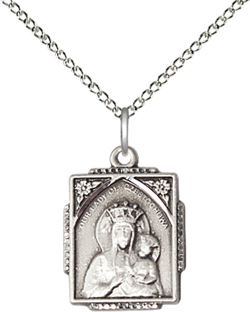 Sterling Silver Our Lady of Czestochowa Pendant on a 18 inch Sterling Silver Light Curb chain