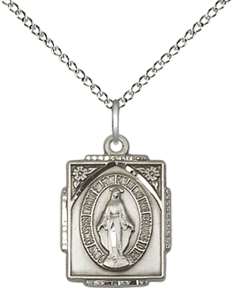 Sterling Silver Miraculous Pendant on a 18 inch Sterling Silver Light Curb chain
