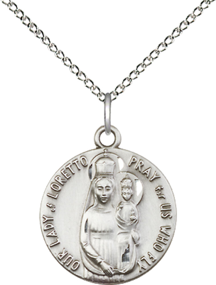 Sterling Silver Our Lady of Loretto Pendant on a 18 inch Sterling Silver Light Curb chain