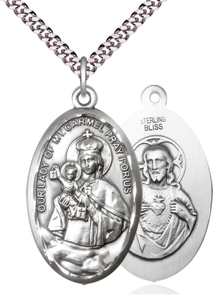 Sterling Silver Our Lady of Mount Carmel Pendant on a 24 inch Light Rhodium Heavy Curb chain