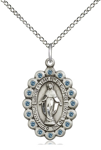 Sterling Silver Miraculous Pendant with Aqua Swarovski stones on a 18 inch Sterling Silver Light Curb chain