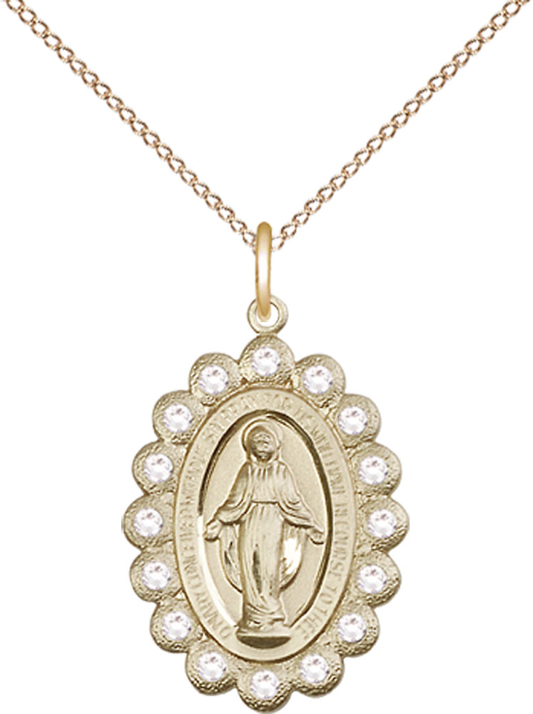 14kt Gold Filled Miraculous Pendant with Crystal Swarovski stones on a 18 inch Gold Filled Light Curb chain