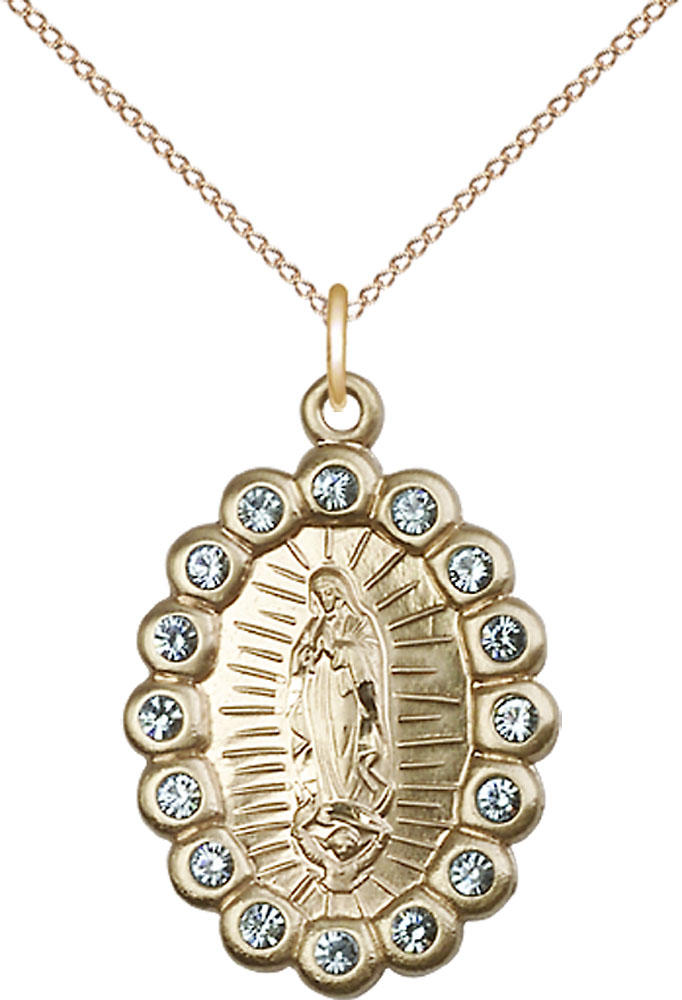 14kt Gold Filled Our Lady of Guadalupe Pendant with Aqua Swarovski stones on a 18 inch Gold Filled Light Curb chain