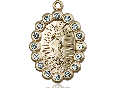 14kt Gold Our Lady of Guadalupe Medal with Aqua Swarovski stones