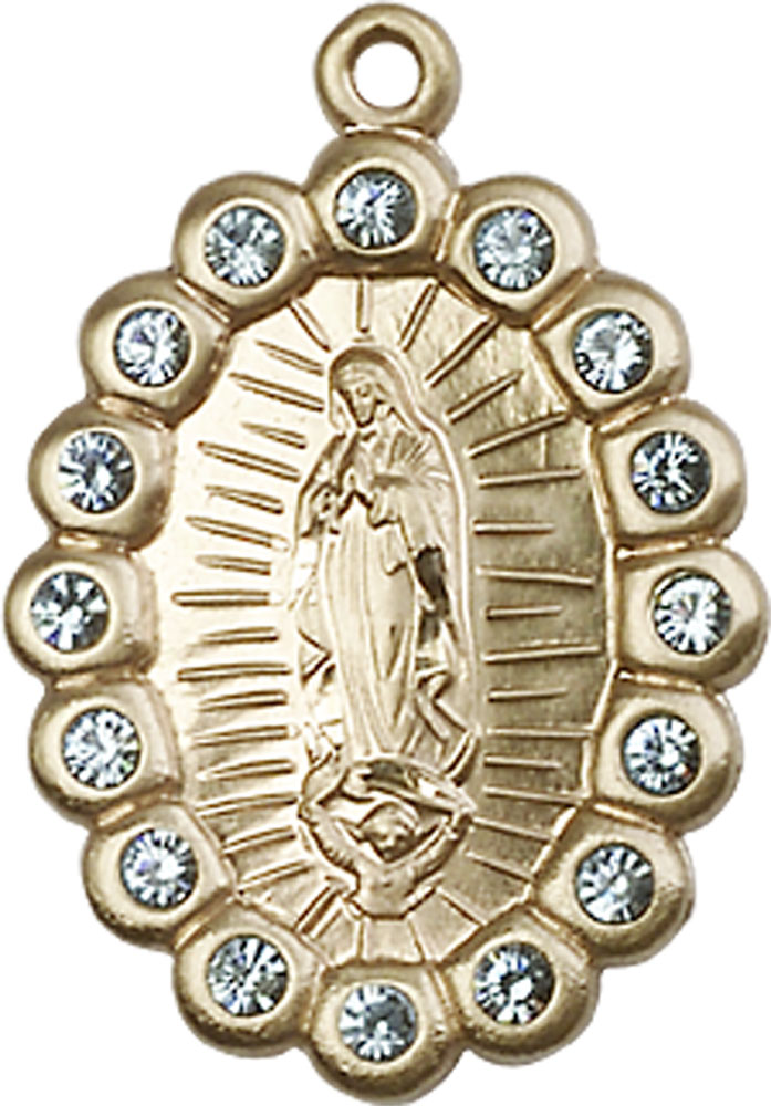 14kt Gold Our Lady of Guadalupe Medal with Aqua Swarovski stones