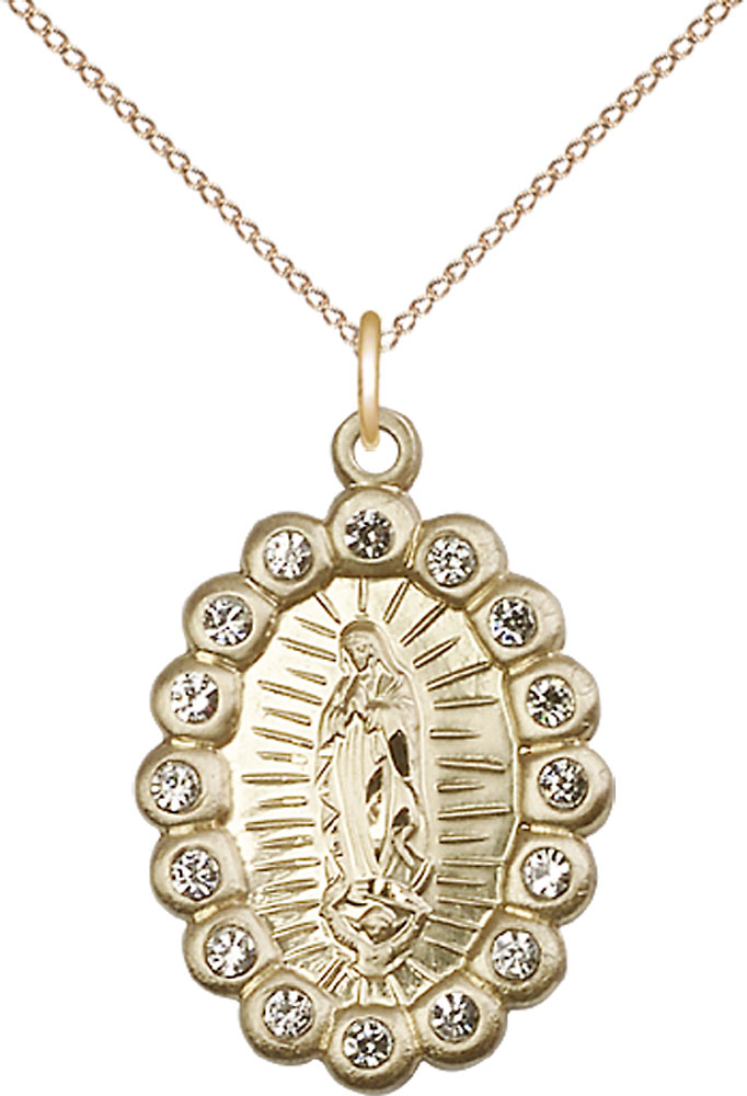 14kt Gold Filled Our Lady of Guadalupe Pendant with Crystal Swarovski stones on a 18 inch Gold Filled Light Curb chain