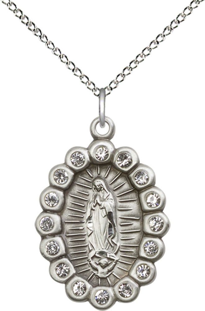 Sterling Silver Our Lady of Guadalupe Pendant with Crystal Swarovski stones on a 18 inch Sterling Silver Light Curb chain