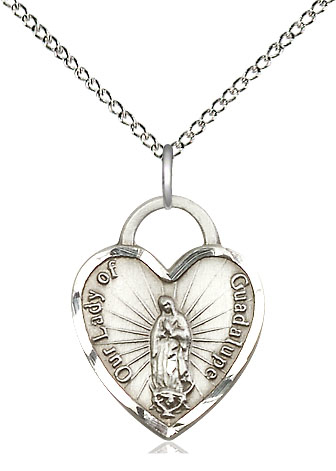 Sterling Silver Our of Guadalupe Heart Pendant on a 18 inch Sterling Silver Light Curb chain