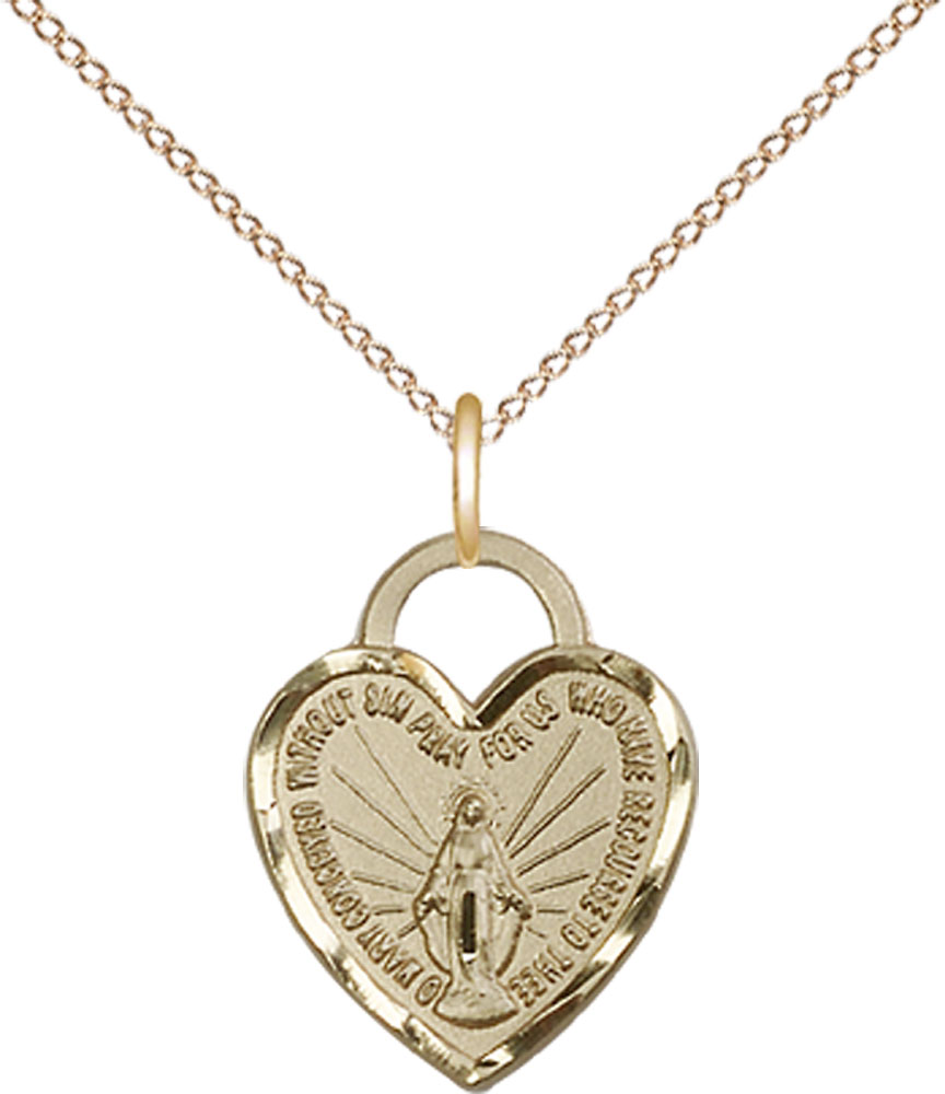 14kt Gold Filled Miraculous Heart Pendant on a 18 inch Gold Filled Light Curb chain