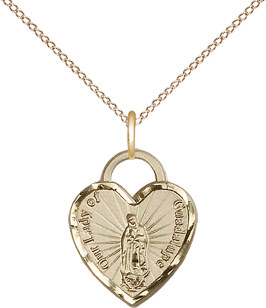 14kt Gold Filled Our Lady of Guadalupe Heart Pendant on a 18 inch Gold Filled Light Curb chain
