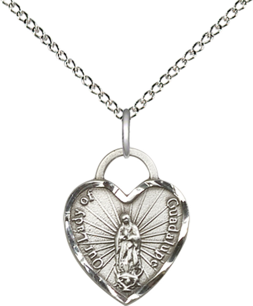 Sterling Silver Our Lady of Guadalupe Heart Pendant on a 18 inch Sterling Silver Light Curb chain