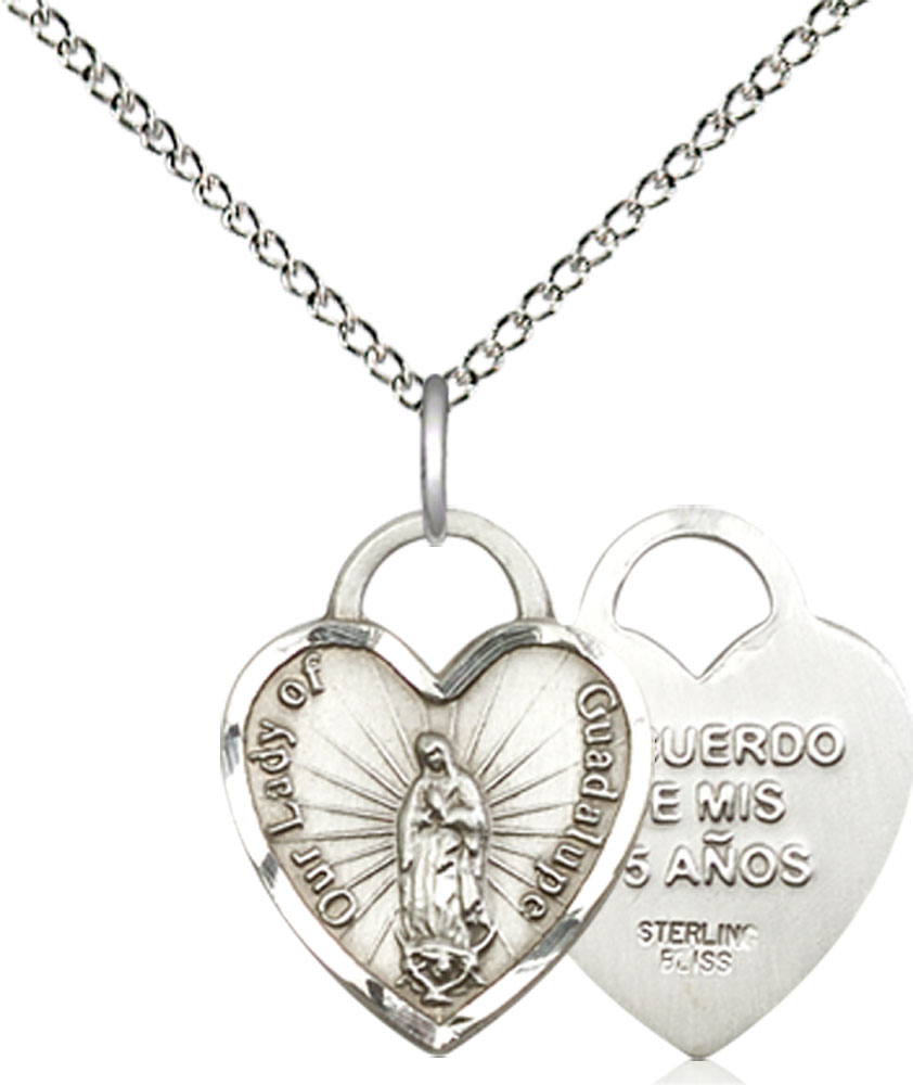 Sterling Silver Our Lady of Guadalupe Heart Pendant on a 18 inch Sterling Silver Light Curb chain