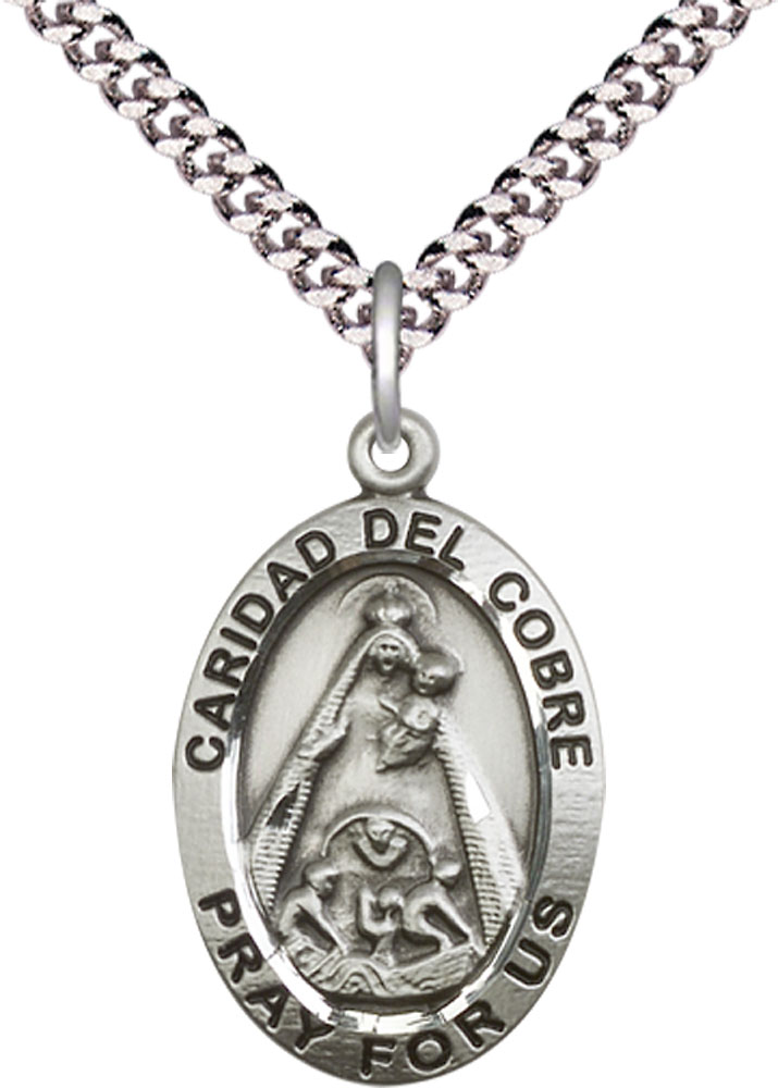 Sterling Silver Caridad del Cobre Pendant on a 24 inch Light Rhodium Heavy Curb chain