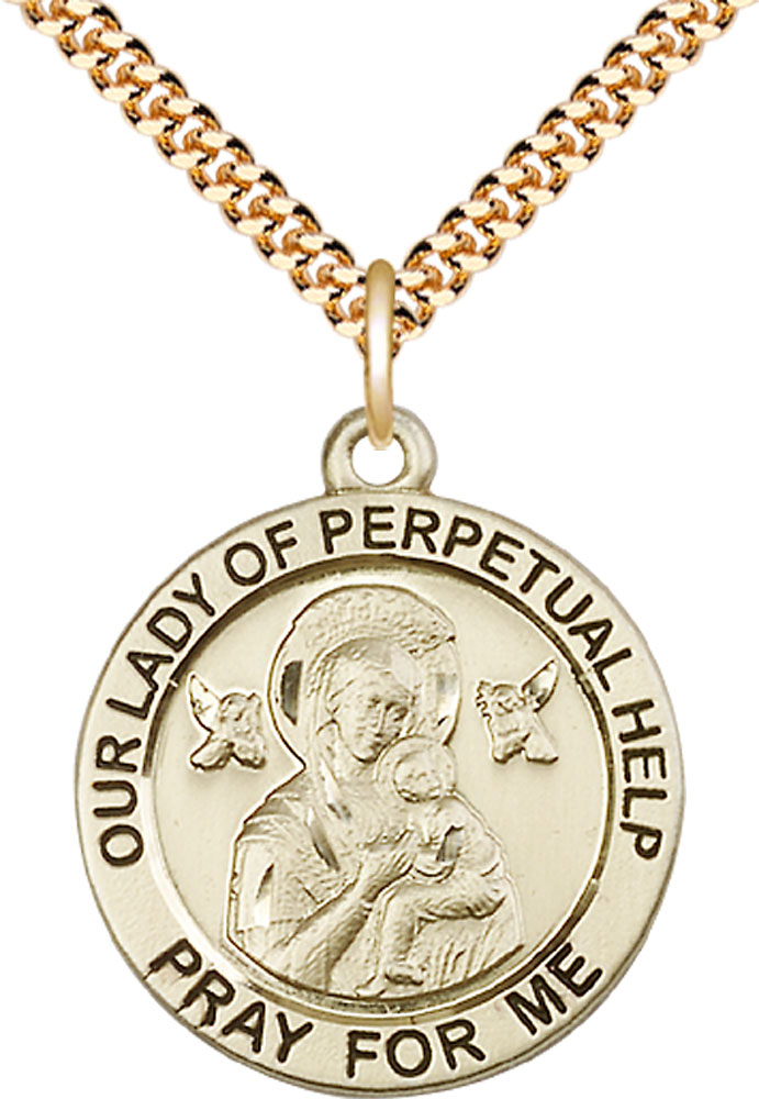 14kt Gold Filled Our Lady of Perpetual Help Pendant on a 24 inch Gold Plate Heavy Curb chain